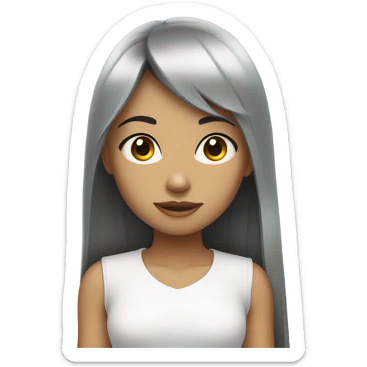Girl wearing a white shirt that has grey eyes and long black straight hair with baby bangs.  sticker