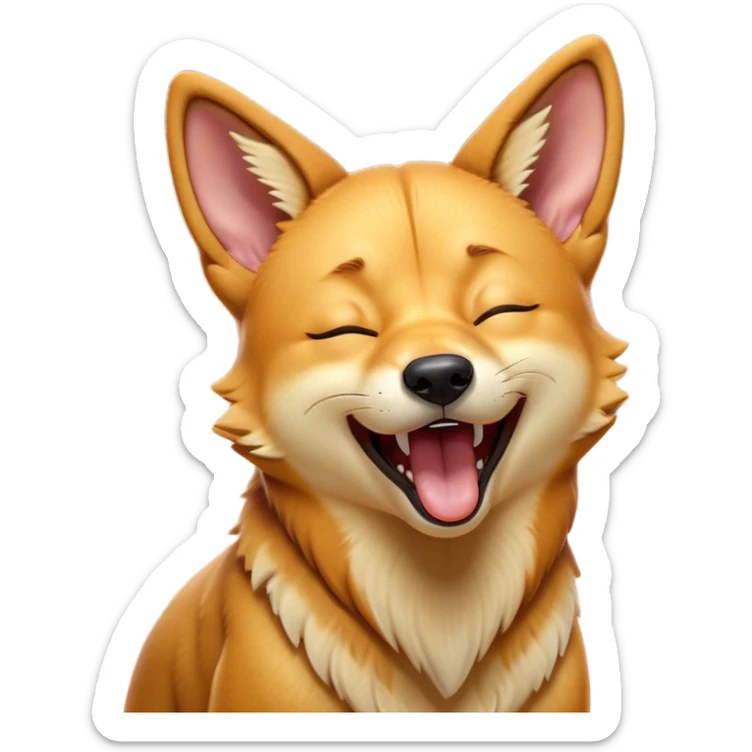 Cinematic Cute Yawning Dingo Portrait Emoji, Head tilted slightly with a dramatic, wide-open yawn, showcasing a soft, sandy fur with gently drooping ears and round amber eyes barely open in drowsy contentment, Simplified yet irresistibly adorable features, highly detailed, glowing with a soft, cozy glow, high shine, relaxed yet expressive, stylized with a touch of wild charm, bright and endearing, soft glowing outline, capturing the essence of a sleepy yet affectionate dingo, so drowsy it feels like it could stretch out of the screen and curl up for a nap! sticker