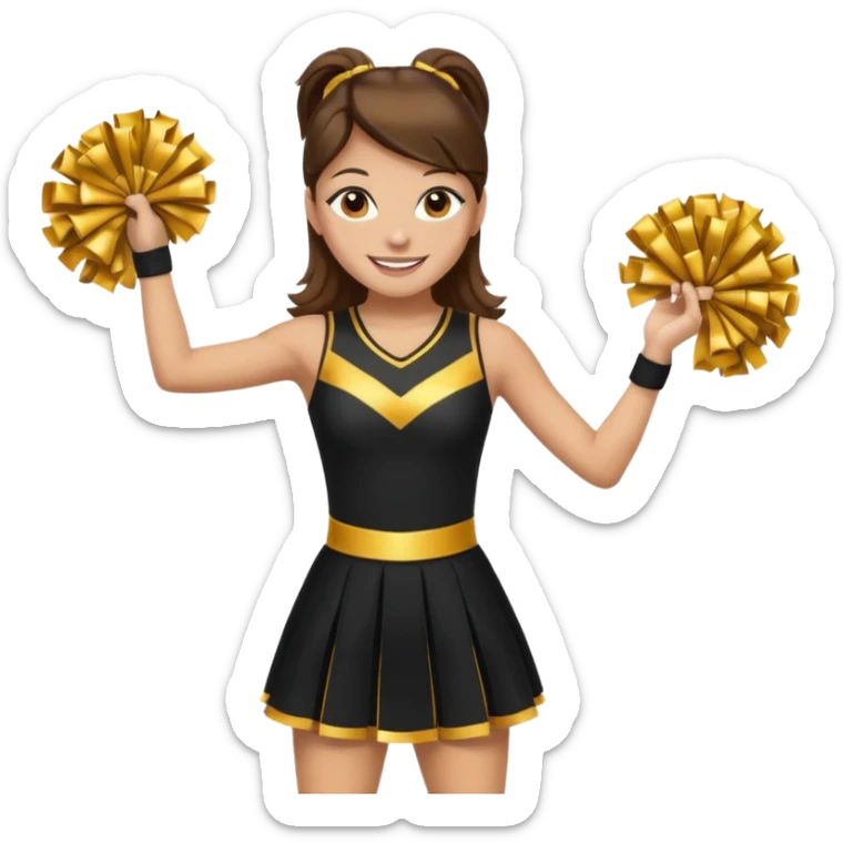 Cheerleader with golden skin tone skin, brown eyes, brown hair and full dress outfit black and gold sticker
