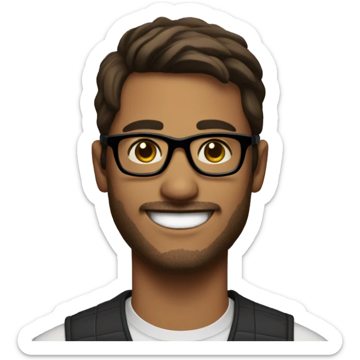 Man who is 30 years old and smilling. He is brown hair and brown eyes and wear black glasses sticker