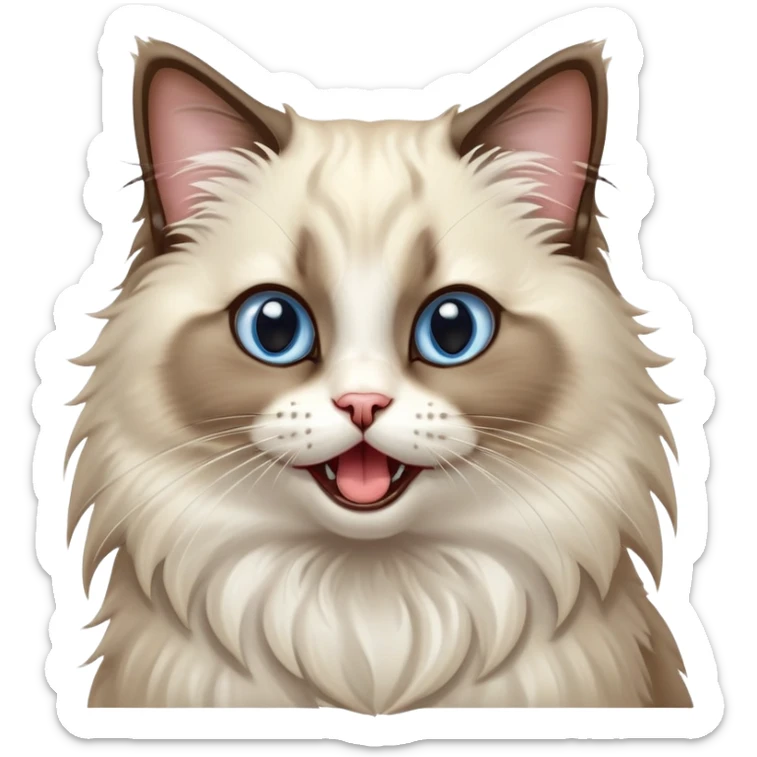 Cinematic-Adorable-Seal-Ragdoll-Cat-Portrait-Emoji – Big-eyed, fluffy Ragdoll cat with a playful head tilt and a cute yawn, soft brown-and-white fur with darker seal points on the ears and face, simplified yet irresistibly cute features, sparkling blue eyes full of mischief, highly detailed with a gentle glow. sticker