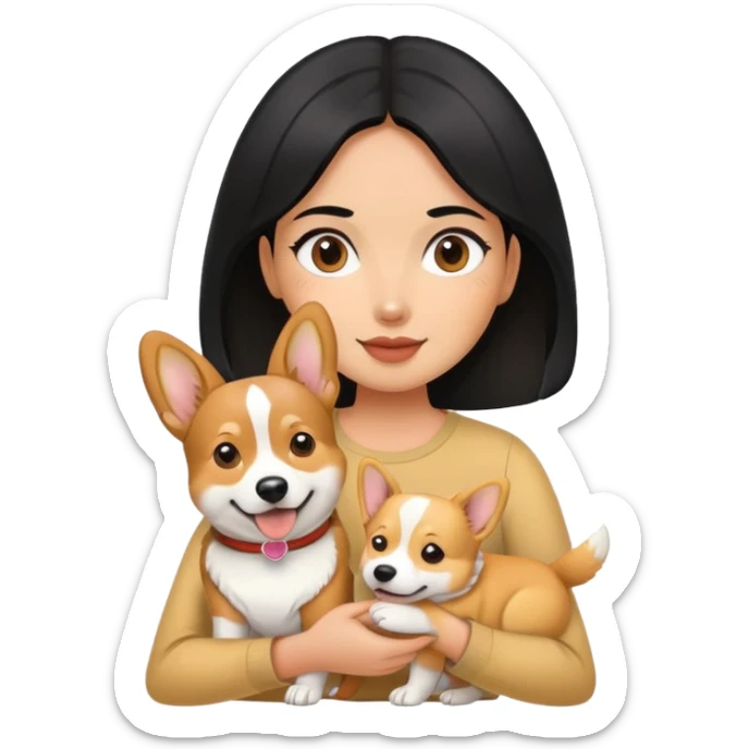 A black hair girl holding a corgi dog and a golden dog sticker