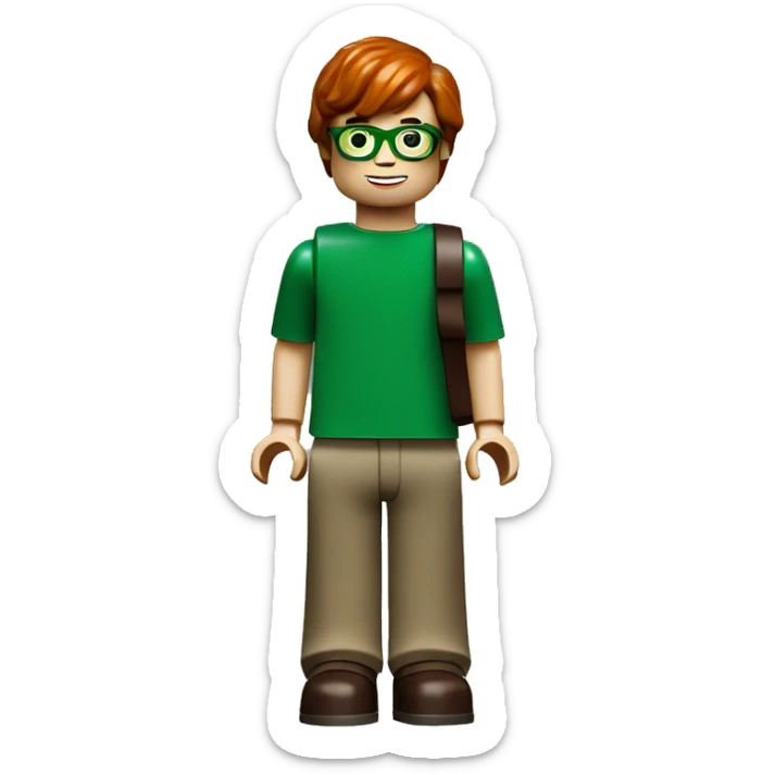 lego minifig full body of a 7 year old boy with green glasses and dark red hair sticker
