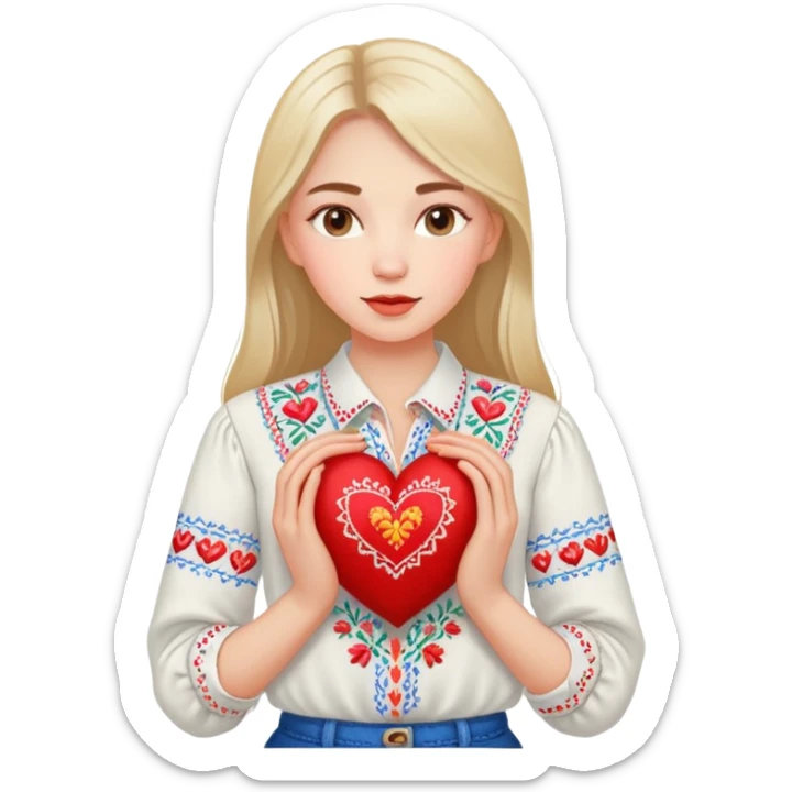 beautiful young girl in a white Ukrainian embroidered shirt clutching a large embroidered heart sticker