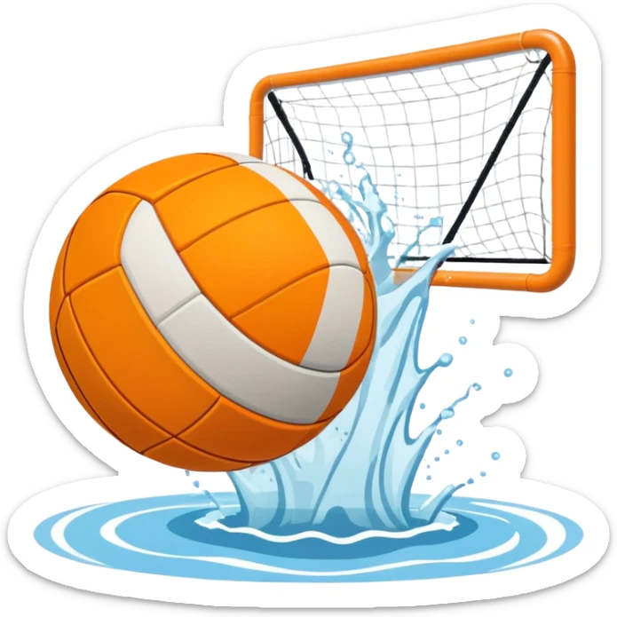 An icon showing a water polo ball floating on the surface of a pool, with a goal frame in the background, and water splashing around. The design captures the intensity of the game with visible ripples on the water. Transparent background highlights the excitement of water polo. sticker