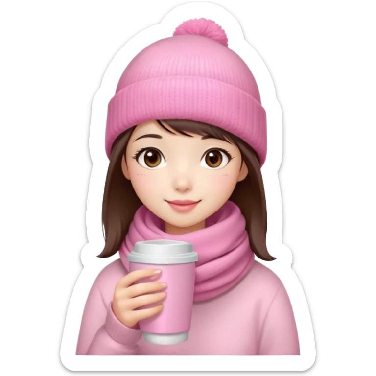 Cute East Asian girl, soft fair skin, big brown eyes, long lashes, natural pink lips, inward brown bob with straight bangs. Wearing pink beanie and scarf, rosy cheeks, shy smile, holding warm drink,  sticker