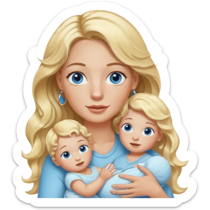 Wavy blonde, white woman with blue eyes, freckles hoop earrings, holding babies sticker