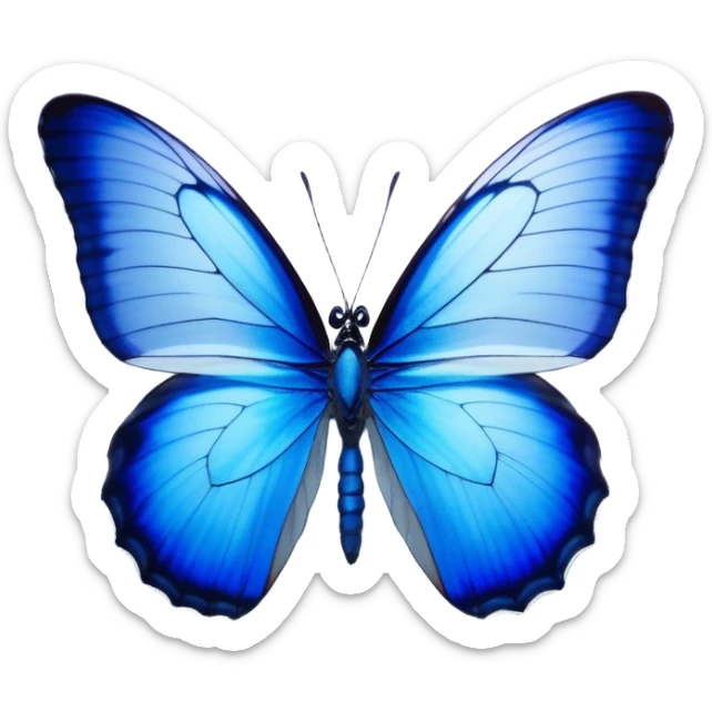 Cinematic Realistic Noble Blue Butterfly Portrait Emoji, Poised and graceful, with delicate, translucent wings rendered in vivid sapphire and indigo tones, a slender, elegant body with finely detailed textures, and gentle, reflective eyes, illuminated by soft natural light, high shine, intelligent and ethereal, styled with an air of refined natural beauty, focused and attentive, soft glowing outline, capturing the essence of a watchful and confident blue butterfly that appears to flutter out of the screen with effortless grace! sticker