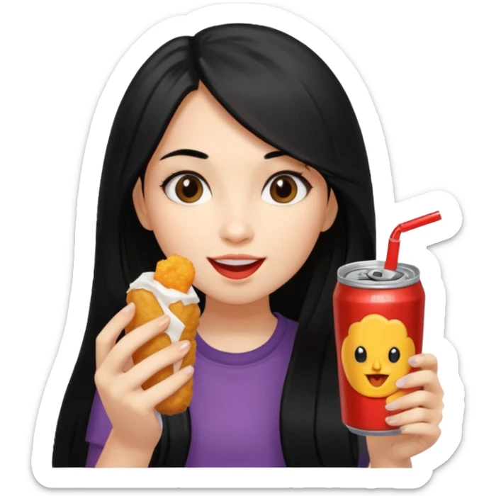 girl with long black hair eating with mouth on the chicken nugget and holding a soda can sticker