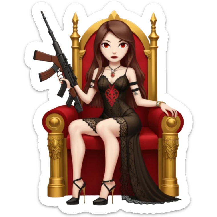 Lilith female red eyes symbol. Tattoo arms. Her hair is brown straight long hair.wearing sexy long  lace dress with slit. black stiletto platform high heels shoes on. Sitting on gold throne with rubies sniper rifle in one hand cash in other hand sticker
