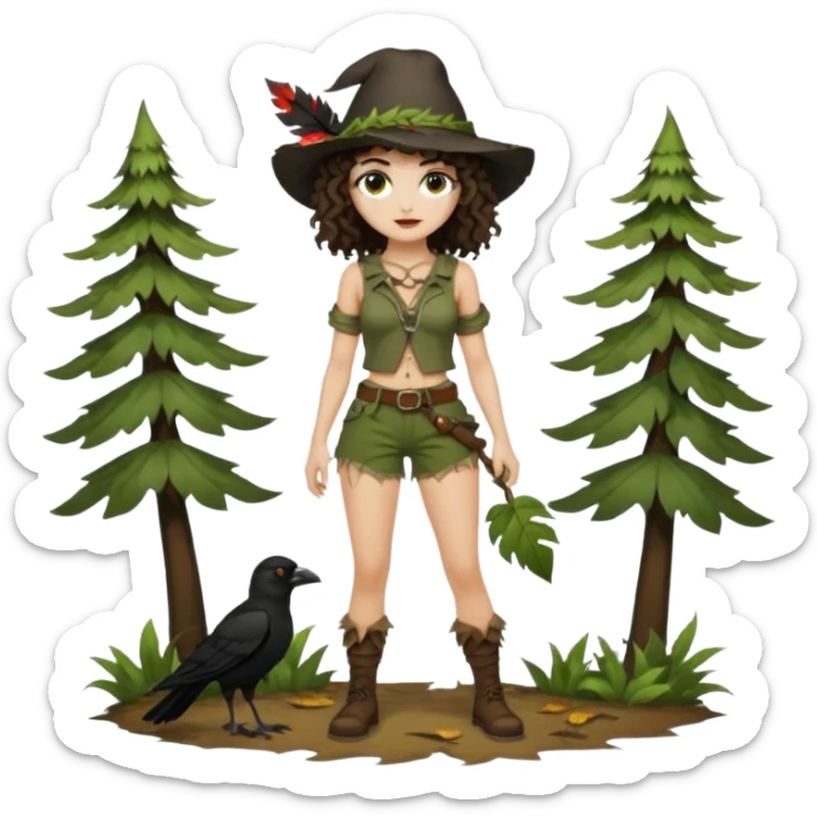 full body woman short curly brown mullet hair brown eyes white skin sexy forest rogue with torn leaf shorts and crow hat sticker