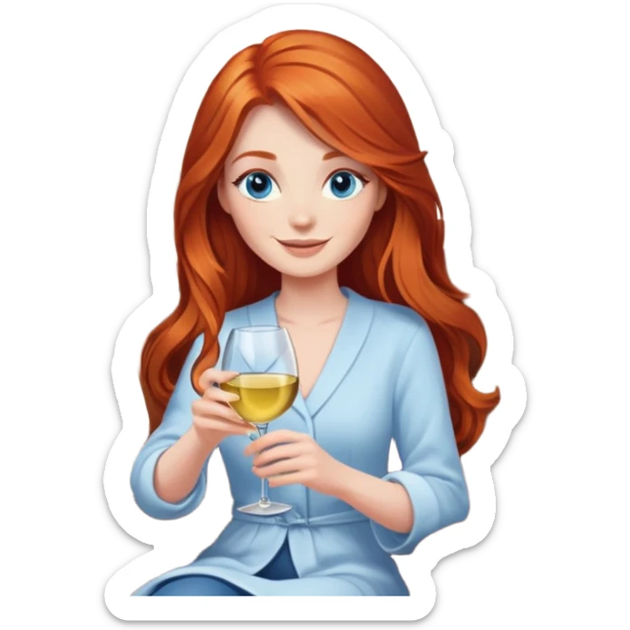 Happy redhead with long hair and blue eyes holding white wine sitting in chair beside fire  sticker