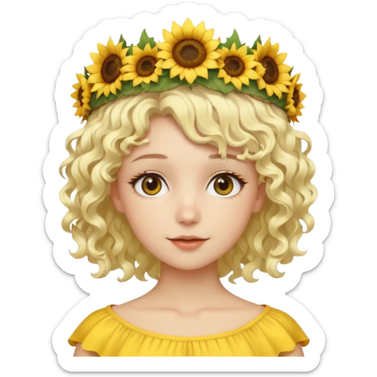 Fair skin female, short platinum-blonde curly hair, wearing a yellow sunflower crown. sticker