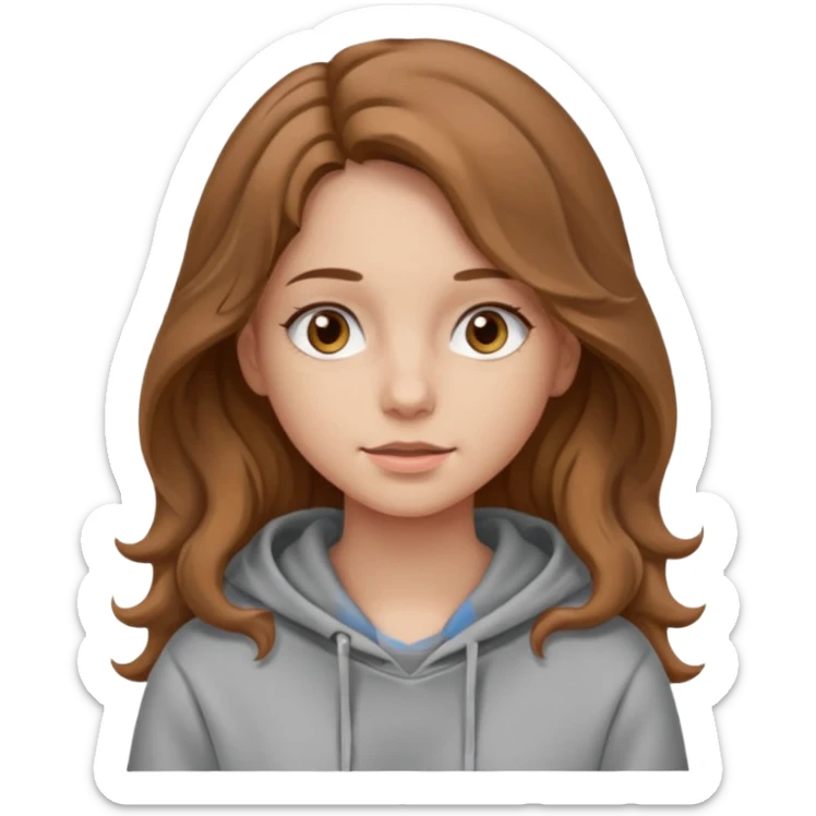 Girl with long and light brown hair and wear hoody and her hai is somethig betwwen curly and stright and her eyes is same color with her hair her skin is white sticker