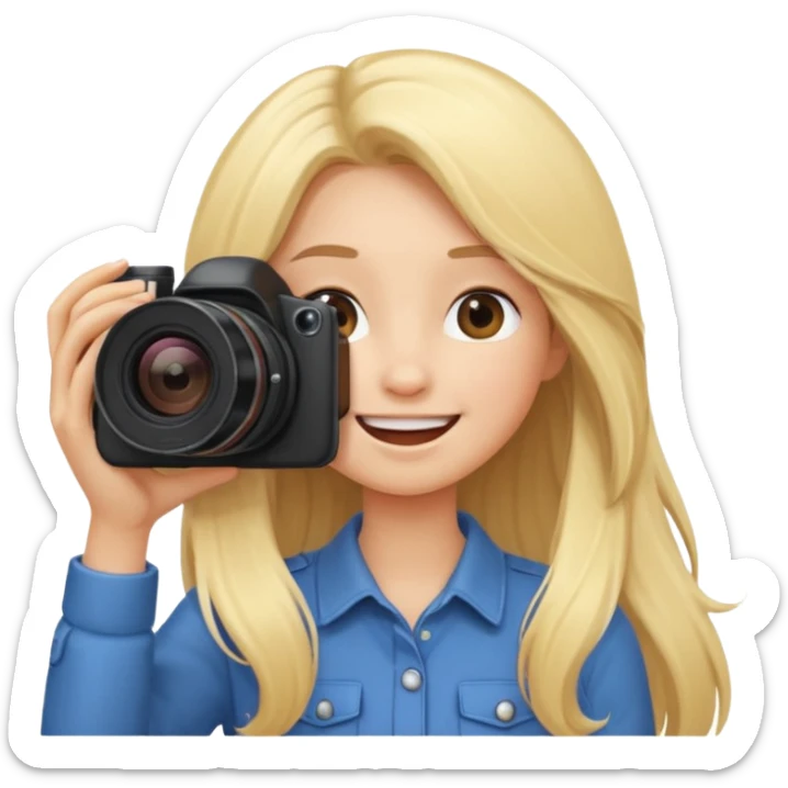 blonde girl photographer cartoon taking picture in middle of taking picture camera in front of face long hair smiling funny sticker