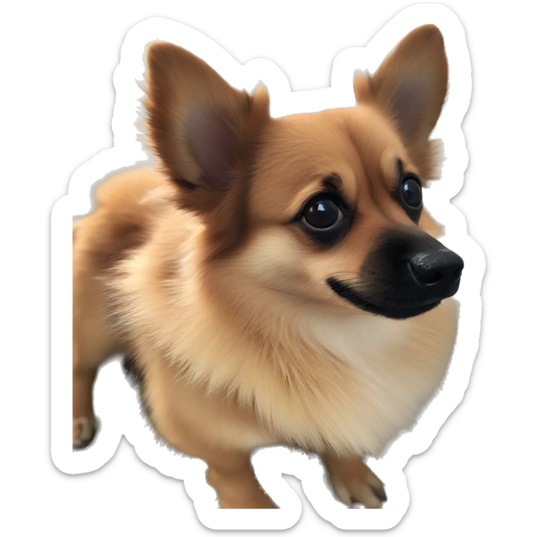 dark brown corgi Chihuahua Pomeranian mix with black fluff around nose less fluff ￼ sticker