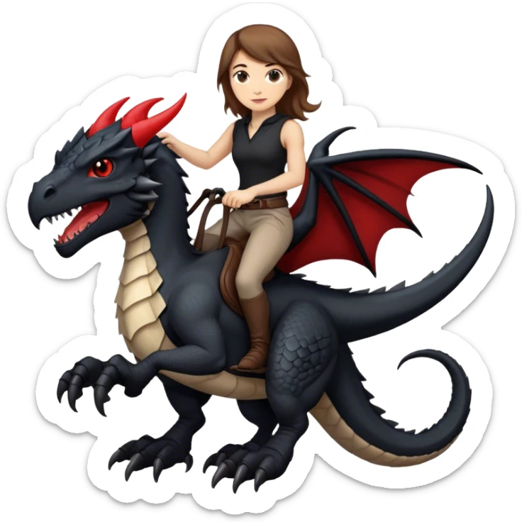 Me, a white female with brown hair, riding a black wyvern with a tiny bit of red that has only two back legs to your work sticker