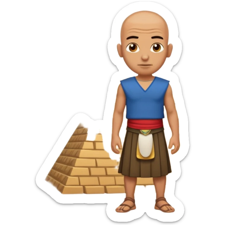 Emoji portrait of an Egyptian pyramid worker. Simple kilt, shaved head, tired yet resilient expression. sticker