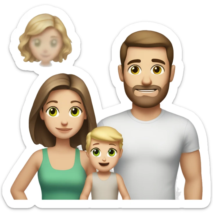 white family dad, short brown hair brown eyes, mum long brown hair brown eyes, toddler blonde hair blue eyes, baby Brown hair green eyes sticker