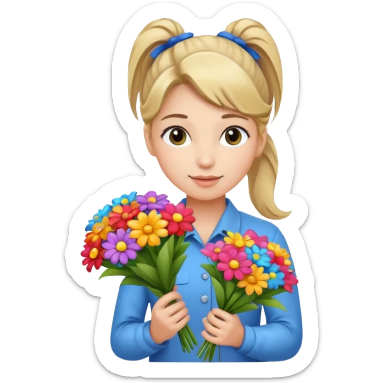Young female florist – ponytail, holding a bouquet with ribbon sticker