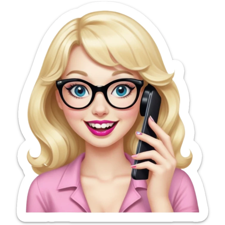Pin up Woman with pale skin, wider face, blue eyes with eyeliner, thin eyebrows, long black eyelashes, pink lipstick, blonde wavy hair with bangs, wearing black glasses. Laughing on a mobile phone  sticker