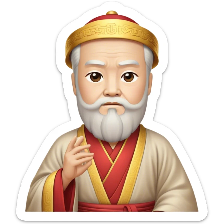 Cinematic Realistic Confucius Portrait Emoji, depicted as a wise ancient philosopher in traditional robes with a serene, contemplative expression, rendered with soft timeless textures and harmonious natural lighting that captures his enduring wisdom. sticker