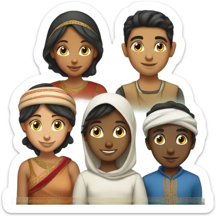 a Moroccan boy, an Indian girl, an Iranian girl, a Haitian boy, a Egyptian boy sticker