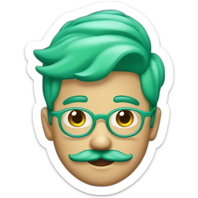 3d emoji of a 18 years boy with green-cyan hairs and green-cyan handlebar mustache  sticker
