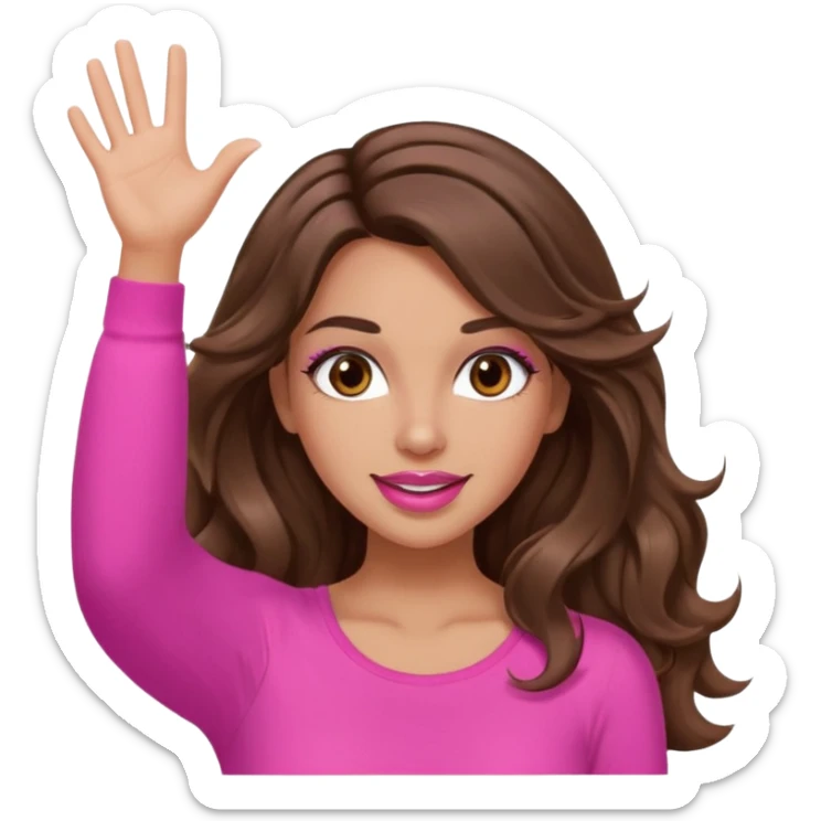 girl with long wavy brown hair, brown eyes, long lashes makeup, sexy pink lips, light to medium complexion, pink sexy top, two hands up shrugging sticker