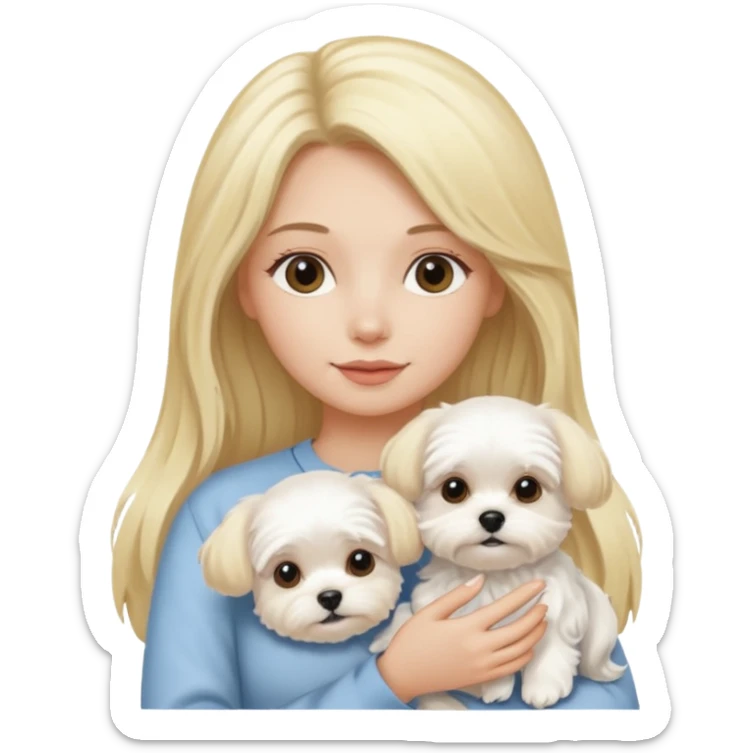 birthday woman with long blonde hair is holding a Maltese dog sticker