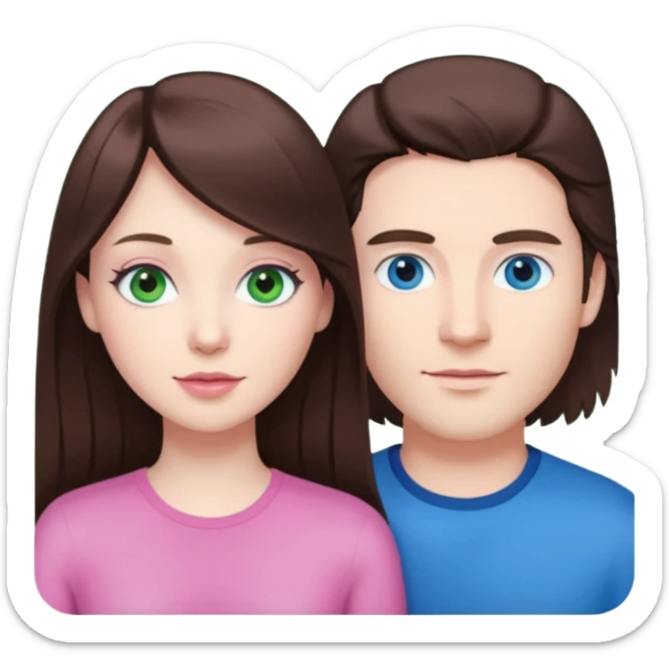 pink polaroid photo of a couple thats white with long brunette hair blue eyes and a white guy with short brunette hair and green eyes sticker