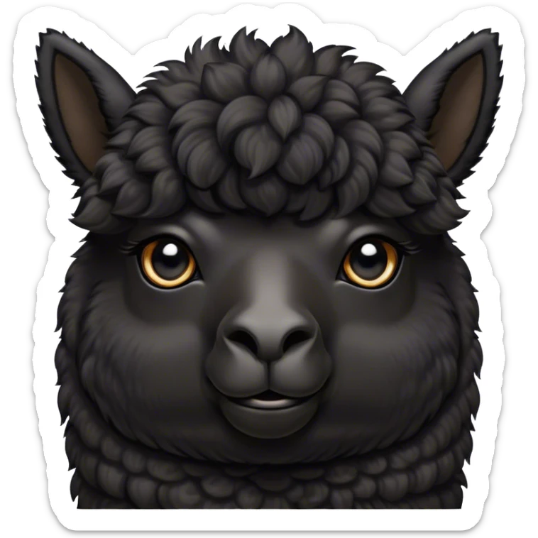 Cinematic Noble Black Alpaca Portrait Emoji, Poised and regal, with a striking, sturdy build and a sleek, well-groomed jet-black fleece, deep-set soulful dark eyes, Simplified yet sharp and sophisticated features, highly detailed, glowing with a soft, dignified glow, high shine, intelligent and mysterious, stylized with an air of elegant austerity, focused and attentive, soft glowing outline, capturing the essence of a watchful and confident companion, so majestic it feels as though it could stride out of the screen with effortless authority! sticker