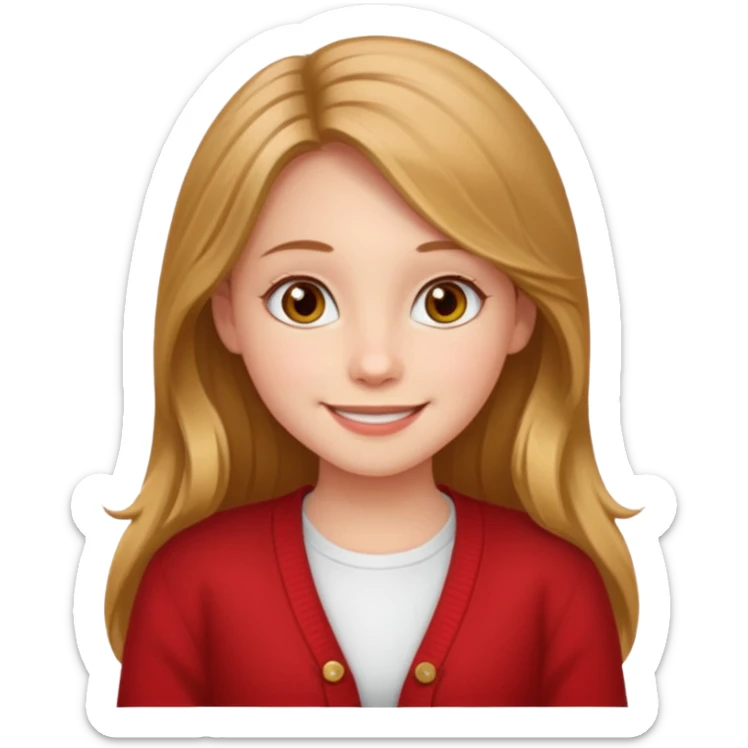 create a girl with hazel long hair, hazel eyes and beautiful smile, and red colour cardigan sticker