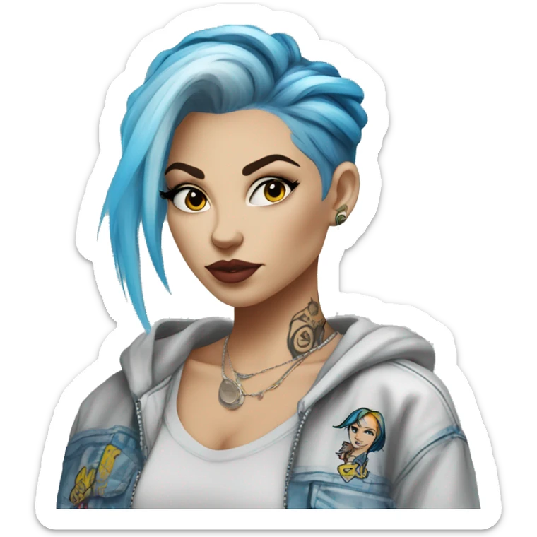 Eastern European Lady wearing trendy graffiti street clothes with blonde hair with highlights and a blue dyed hair streak and tattoos sticker