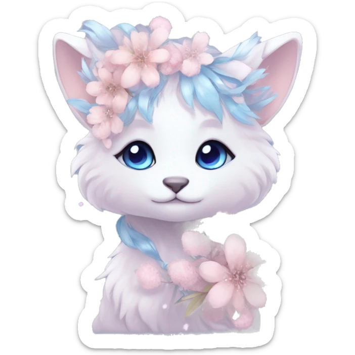 Anthro Cute Cool Blushing Pastel Innocent Shy Kawaii gorgeous sparkly ethereal fantasy anime animal creature with blue eyes furry sona with flowers and ribbons beautiful aesthetic sticker