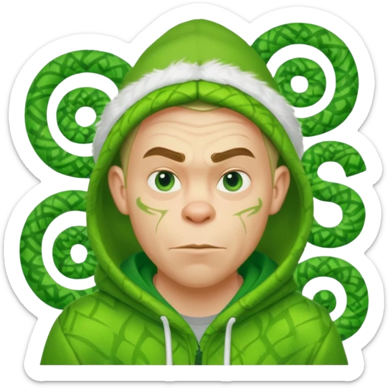 Create an avatar of white European male in hoodie with ``BST`` letters on it. Make background to look like from movie Grinch sticker