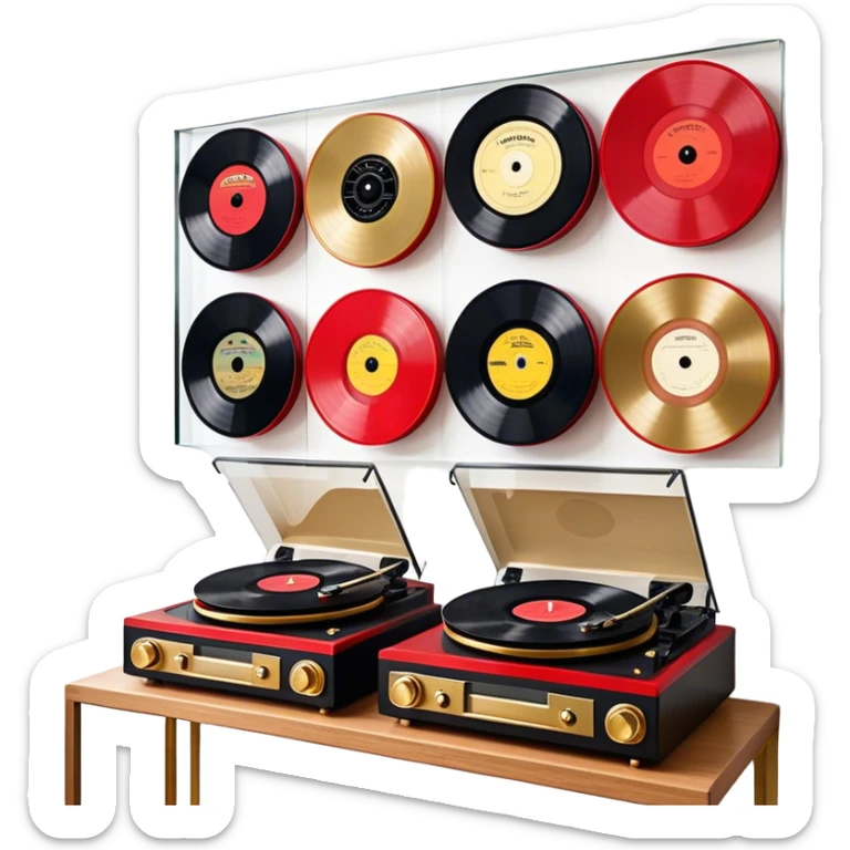 Icon for Vinyl Record Collecting: large black, golden and red vinyl records in decorative packaging featuring artist images, neatly arranged on a wall or shelf, modern vinyl record player. The icon should reflect the aesthetic and artistic aspect of collecting vinyl records. Transparent background. sticker