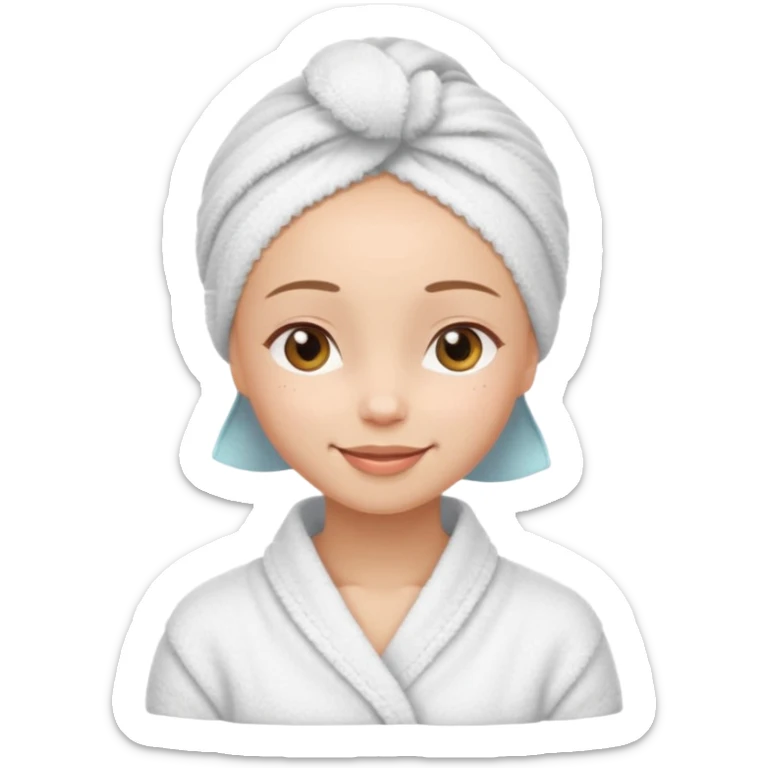 cute girl with her eyes closed and smiling, wearing a white spa towel as her clothes in she has a white spa towel on her head, no hair sticker
