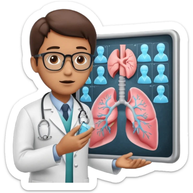 A 3D cartoon doctor examining a lung X-ray on a lightboard, medical room background, Memoji-style realism. sticker