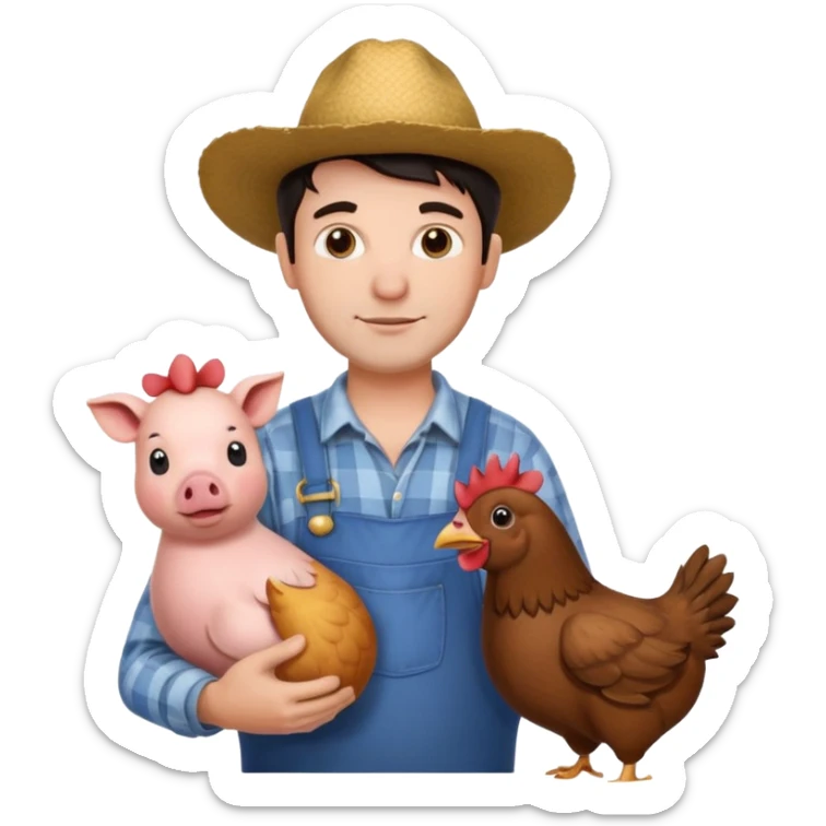 UN HOMBRE VESTIDO DE GRANJERO PIEL CLARA Y PELO OSCURO CON UNA GALLINA UN CERDO Y UNA VACA ALREDEDOR sticker