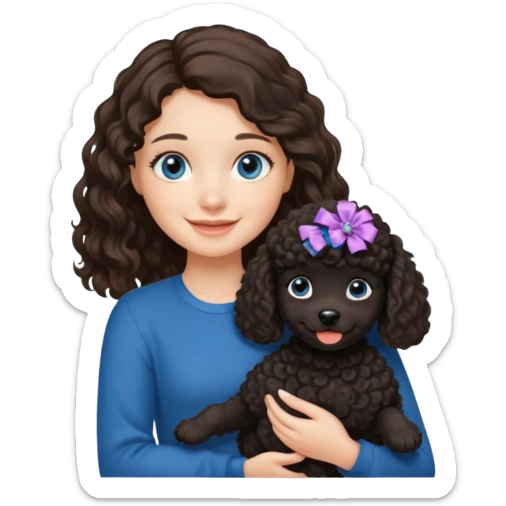Brunette girl with long wavy hair and blue eyes holding black puppy poodle with brown eyes sticker