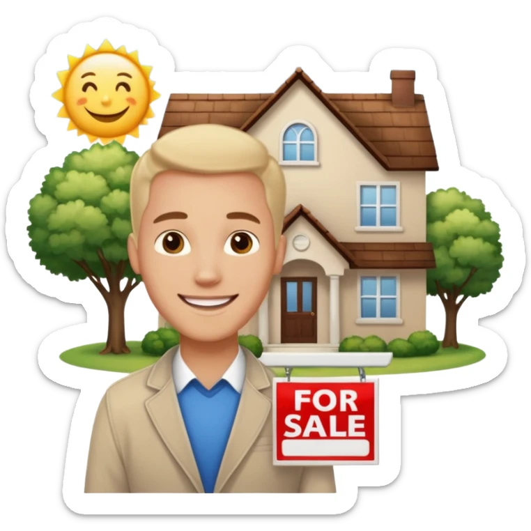 emoji de bienes y raices, un hombre y una casa en "venta for sale" sticker