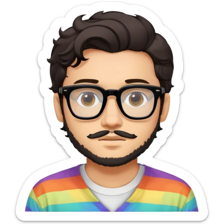 young adult man with light skin, short beard, dark wavy hair, relaxed expression, very wide rectangular glasses with thick black acetate frame and thick double bridge, retro oversized style, colorful open shirt and white t-shirt sticker