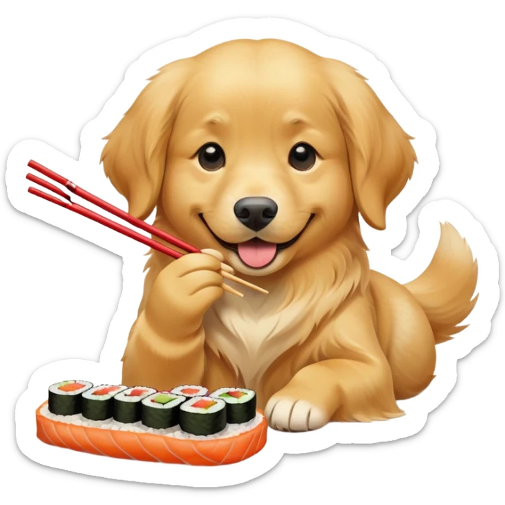A happy golden retriever eating a colorful sushi roll with chopsticks, wagging its tail, anime-style emoji, vibrant colors, simple and cute sticker