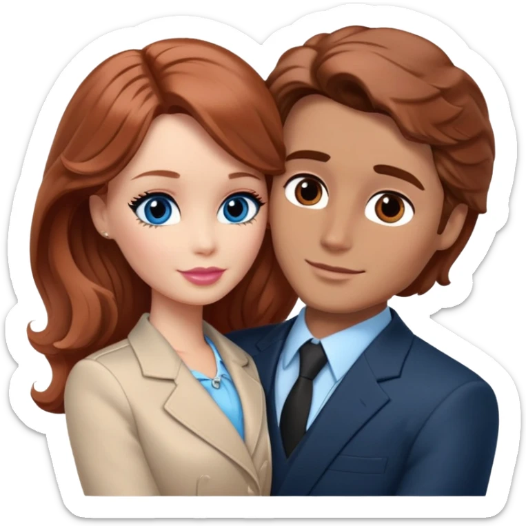 Barbie girl  , eyes blue , Chestnut red long wavy hair In pale beige clothes, Hugs a man with brown hair short haircut, brown eyes , and a black suit sticker