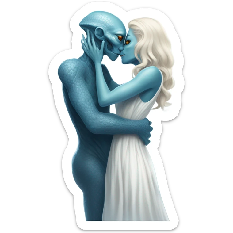 Alien reptilian woman in white dress hugs and kissing a normal "white male human man" in blue dress sticker