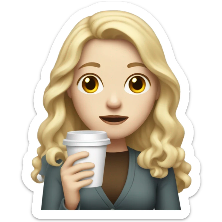 Woman, white skin, pale skin, long hair, blonde hair, wavy hair, tired expression, holding cup of coffee sticker
