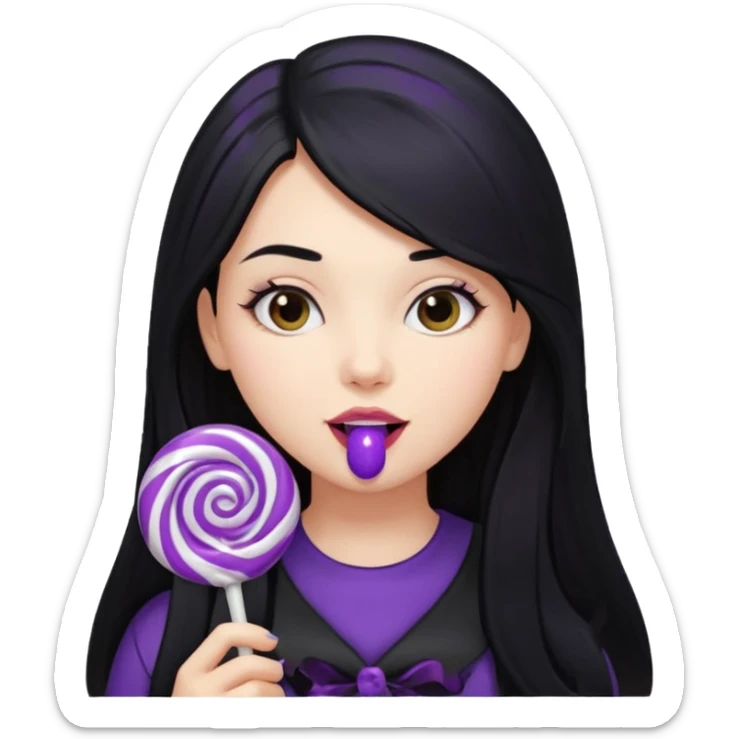 girl with long black hair, black clother with eating disorder purple sweet food sticker