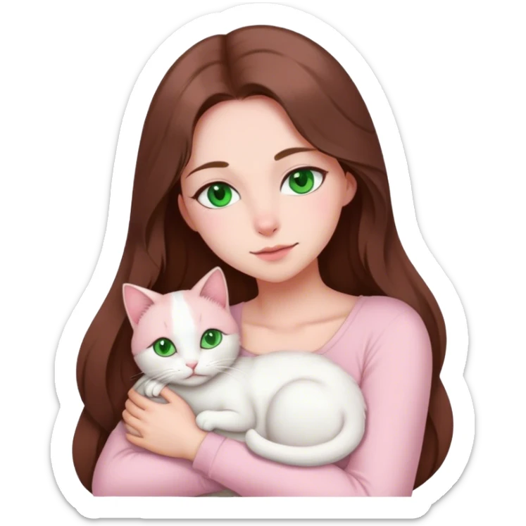 woman with very long brown hair and green eyes in a light pink outfit hugging a white cat sticker