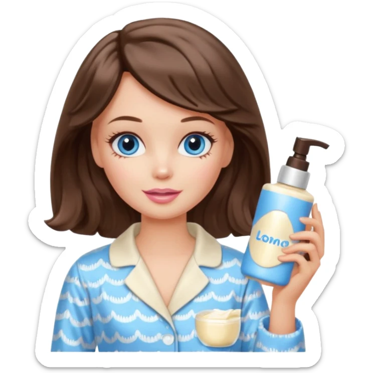 Barbie girl with makeup, blue eyes , and bob long haircut wavy, short brown hair in creamy color pajamas, face cream in hand sticker